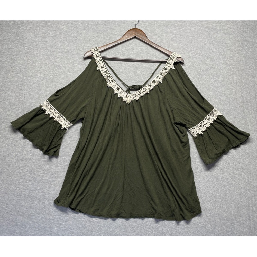 G Collection Cold Shoulder Blouse Top Womens 2X Olive Green Rayon Crochet Trim